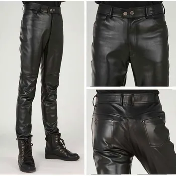 Artı Boyutu İnce Erkek Deri Pantolon Erkek Pantolon Sıkı Deri Pantolon Erkek Motosiklet Pantolon Erkek Giyim Siyah