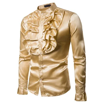 Erkek Göğüs Çiçeği Performans Elbise Gömlek Düğün Parti Tasarım Ayakta Yaka Uzun Kollu Gömlek Ve Bluz