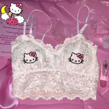 Hello Kitty Dantel İç Çamaşırı Seksi Rahat Çift Kayış Sutyen Sarılmış Göğüs Y2K Sling Anime Bebek baskılı giysiler Kawaii Kız Hediye
