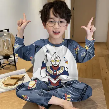 Ultraman anime karikatür pijama çocuklar ve bebekler için ilkbahar ve sonbahar saf pamuklu uzun kollu tişört karikatür ev giyim seti