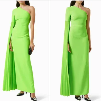 Vintage Uzun Yeşil Bir Omuz Abiye Pelerin فساتين السهرة Kılıf Pilili Ayak Bileği Uzunluğu balo kıyafetleri Kadınlar için