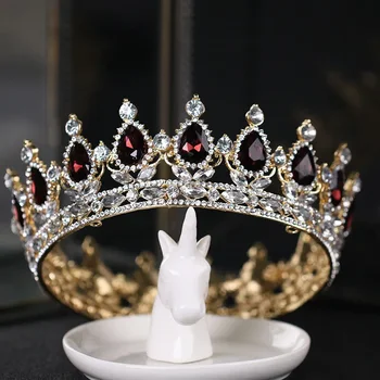 Yeni Pageant Tam Daire Tiara Koyu Kırmızı Kristal Rhinestones Kral Kraliçe Taç Düğün Gelin Taçlar Kostüm Partisi Sanat
