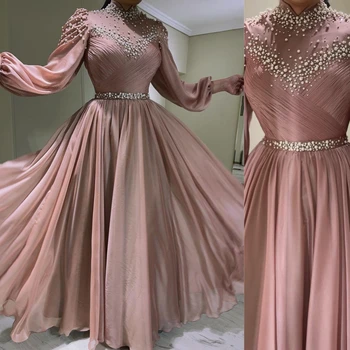 Zarif Zarif Yüksek Yaka A-line balo kıyafetleri Boncuk Saten Kat uzunluk Akşam bayanlar elbiseler özel durum için
